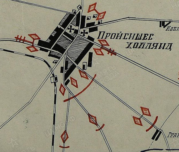  Fragment mapki przedstawiajacej pozycje obronne 32 Brygady Pancernej wokół Pasłęka 